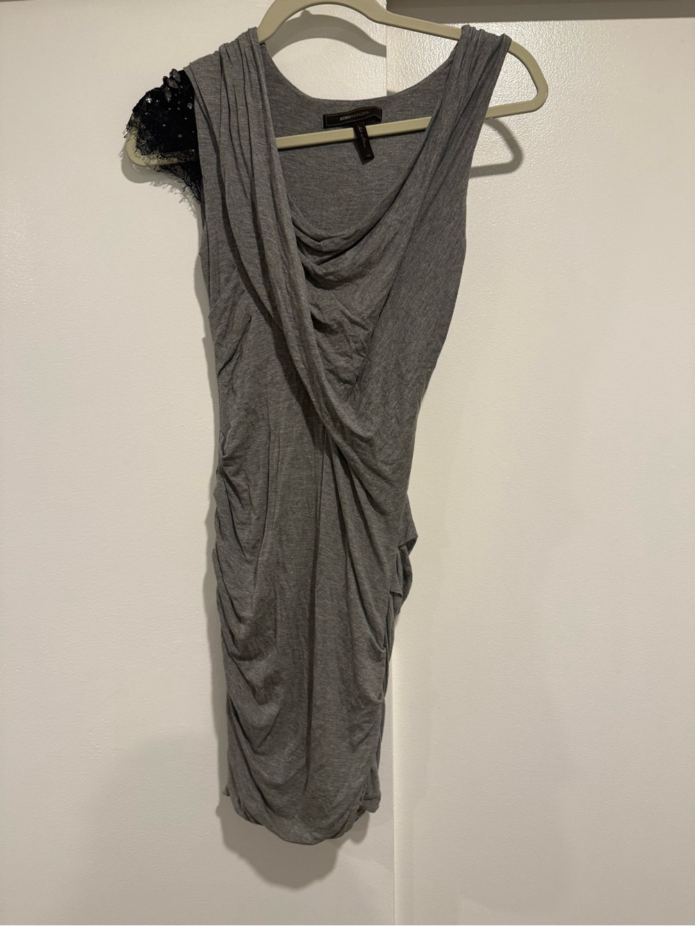 BCBGMaxAzria One-Shoulder Draped Gray Dress with Black Lace Accent size XS